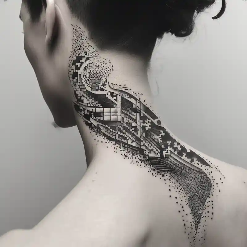 side of the neck puzzle piece tattoo where one of the pieces says Rella floral sleeve tattoo